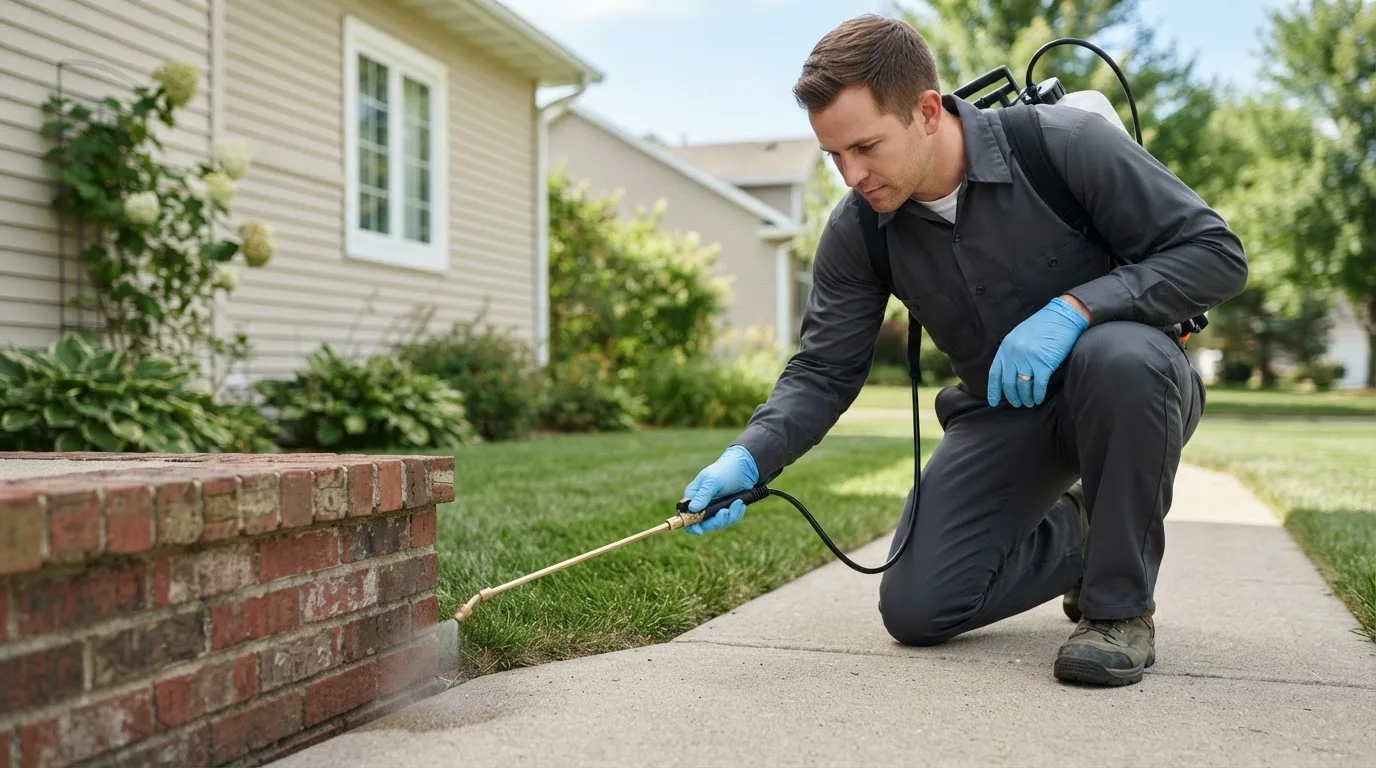 Pest control technician treating a home near Brooten, MN